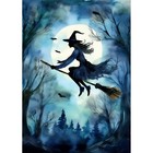 Postkarte. Halloween. Einladung. Hexe fliegt durch den Wald