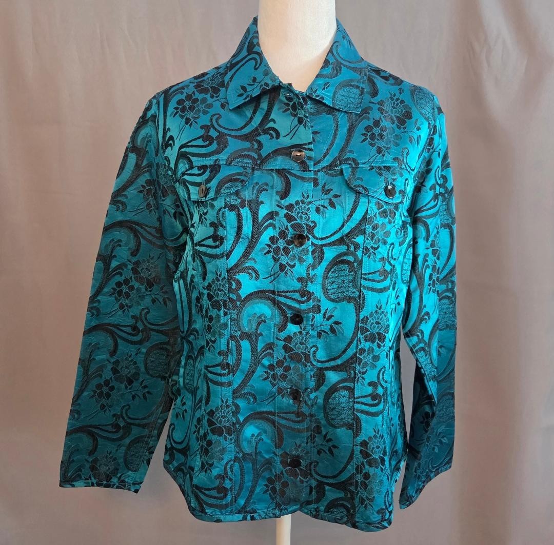 Chicos Turquoise W Black Paisley Shirt Jacket Silk Blend Button-Down Size 1 NWOT