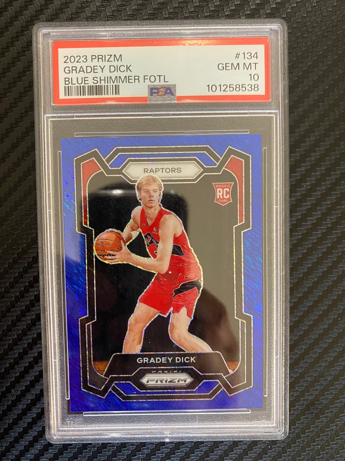 2023 Panini Prizm Gradey Dick #134 Rookie Blue Shimmer Prizm FOTL /35 PSA 10