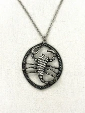 Crystal Rhinestone Scorpion Gunmetal Silver Tone Pendant Chain Necklace 24 Inch