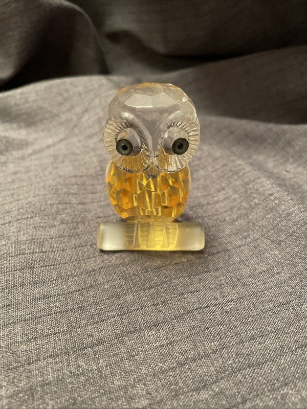 Xmas stocking stufferYellow/Clear Crystal Owl Frosted Branch Figurine Green Eyes