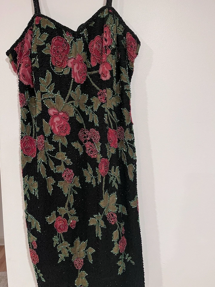 Vestido De Colección Paradise New York Negro y Rojo Cuentas Seda Cóctel Vacaciones M Foto 3 de 4