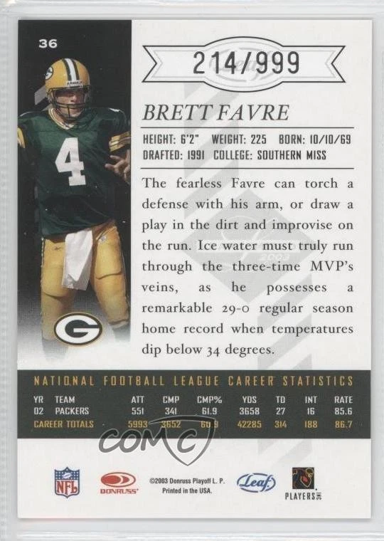 2003 Leaf Limited /999 Brett Favre #36 HOF - Image 2 of 2
