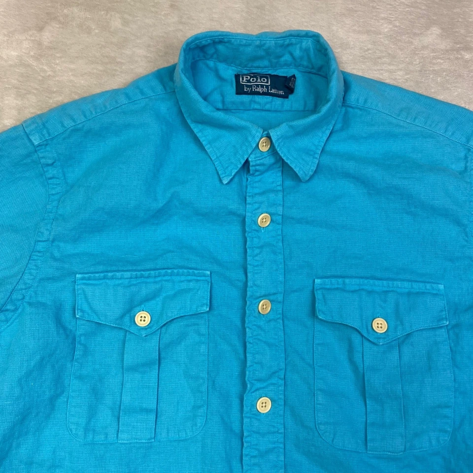 Polo Ralph Lauren Mens Shirt Linen Cotton Blend Turquoise Short Sleeve L - Image 2 of 4