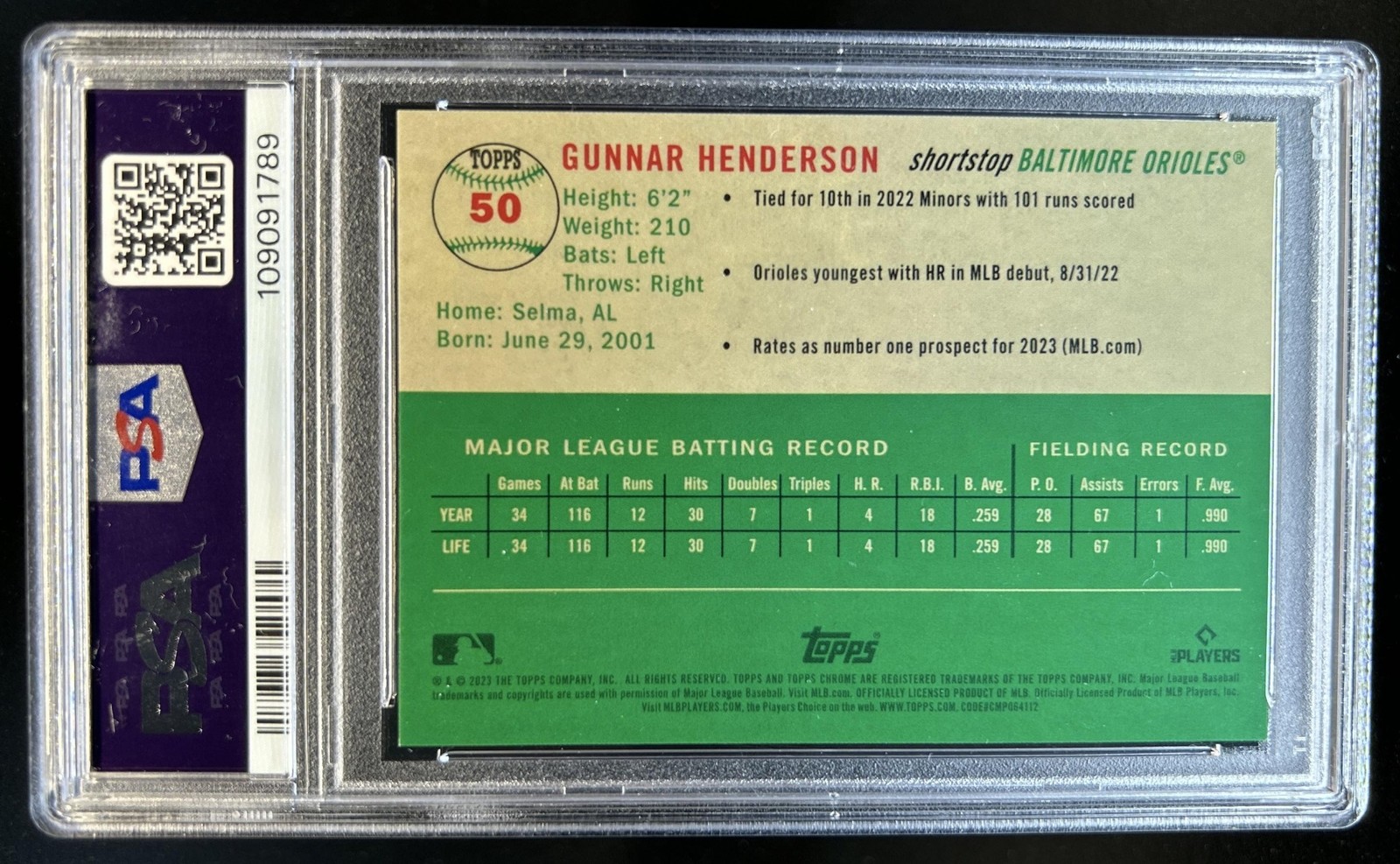 2023 Topps Chrome Platinum Gunnar Henderson RC Red Lava Refractor #/5 PSA 9 view 2