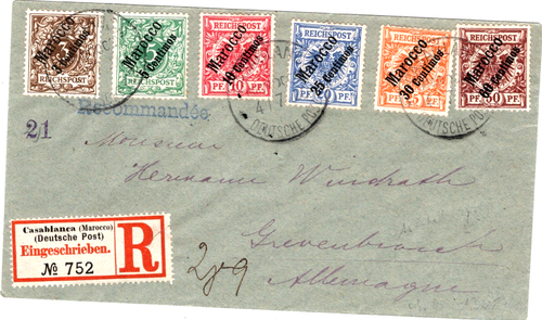 DR/MAROCCO R-Satzbrief CASABLANCA - GREVENBROICH m. 1/8; 4 - 7 - 1900
