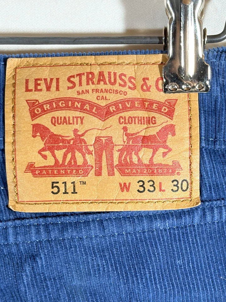 Levis 511 Pants Mens 33x30 Blue Slim Fit Corduroy 5-Pocket Tapered Leg Pinwale - Image 3 of 4