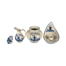 Vintage Delft Blue White Porcelain Dutch Windmill Miniature Set of 4