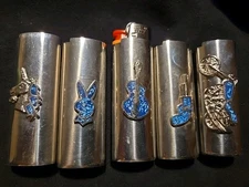 Vtg Lighter Case Lot Gun Motorcycle Playboy Bunny Cover Holder Turquoise for Bic
