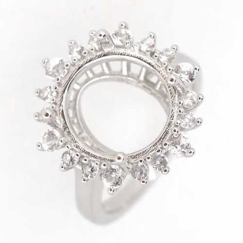 925 Sterling Silver Oval 14x12mm Semi Mount Ring Setting White Topaz Halo Ring