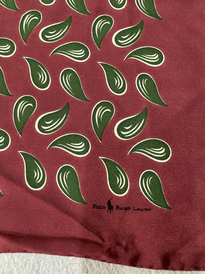 Polo Ralph Lauren Bolsillo Cuadrado Para Hombres Borgoña Verde Seda Paisley Hecho en Italia Foto 2 de 4