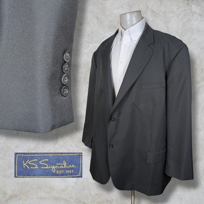 KS Signature Blazer Sport Coat Mens 62B Solid Gray Wool 2 Button Front
