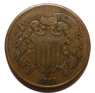 1865 United States Union Shield TWO 2 CENTS ''Fancy 5'' Variety Copper Coin NICE