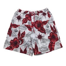Caribbean Hawaiian Red  White Floral Map Swim Trunks Shorts Mens XL