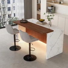 63" Kitchen Island with LED Lights, Grill, White Marble Top & 2 Gray Stools