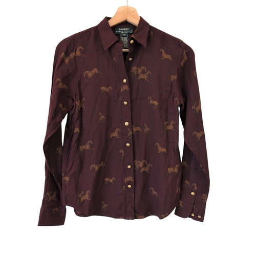 Ralph Lauren Equestrian Horses Shirt Cordovan Burgundy P Petite Rayon Wool - Picture 4 of 12