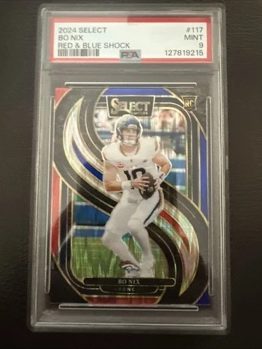 2024 Panini Select - Premier Level Bo Nix #117 Red & Blue Shock Prizm (RC) Psa 9