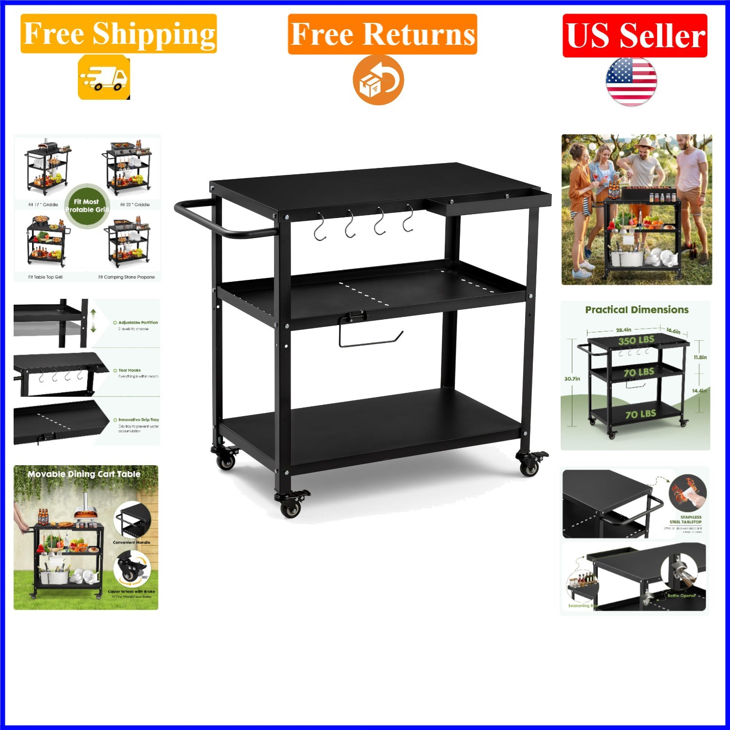 Outdoor & Indoor Grill Cart With Lockable Casters & Hooks
