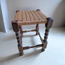 Vintage Oak Rush Seated Stool Bobbin Turned Legs Jacobean Style Footstool Chair