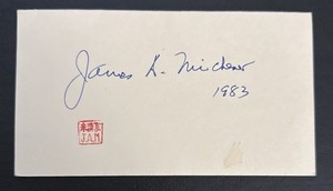 James A. Michener Autograph With His Red Ink Stamp 1983