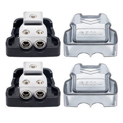 RECOIL 2-Way Power Distribution Block, 1 X 0/2/4 Gauge in / 2 X 4/8 Chrome 