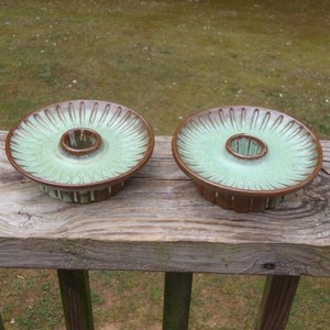 FRANKOMA Pottery 1960s Prairie Green Glaze Pedestal Sunburst CANDLE HOLDERS 301
