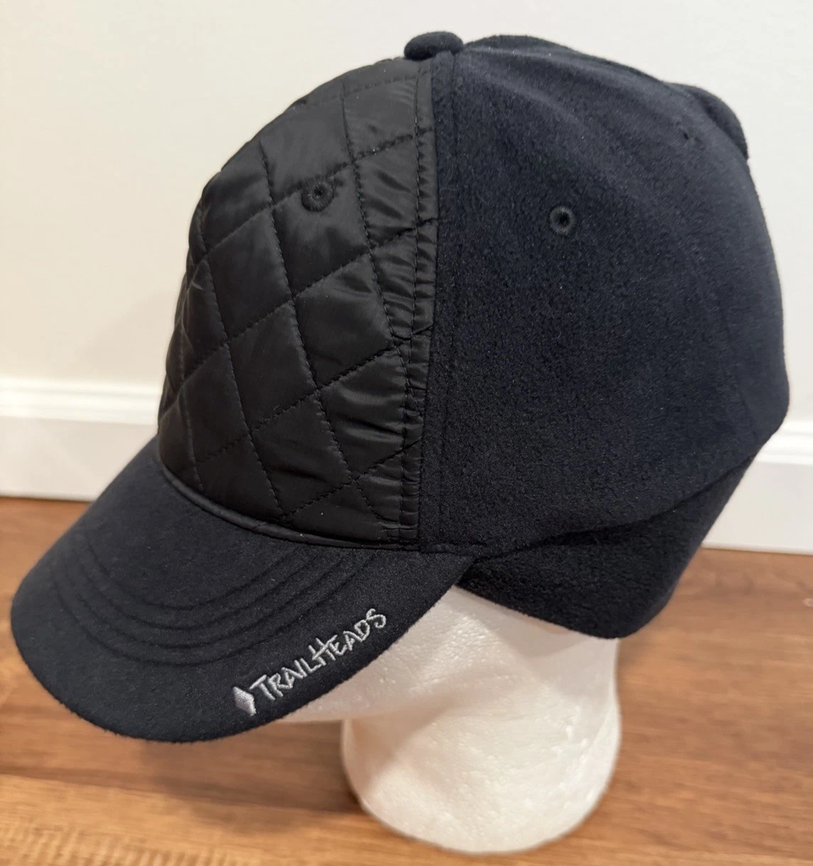 TrailHeads Quilted Fleece Fitted Hat Black Ear Flap Outdoor Pony Tail Cap