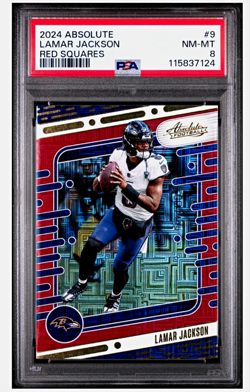 PANINI 2024 ABSOLUTE LAMAR JACKSON #9 RED SQUARES /499 PSA 8 RAVENS