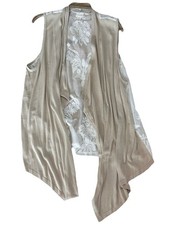 Chicos Size 2 Beige Open Front Vest Lace Back Lightweight Peasant Boho Cottage