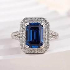 Emerald Simulated Blue Sapphire Women's Anniversary Ring 14K White Gold Plated