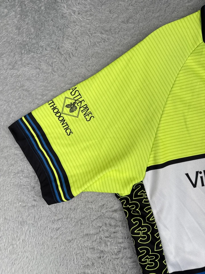 Borah Village Idiots 自行车俱乐部自行车球衣男式 XL 黄色蓝色全拉链美国 — 第 3/4 张图片