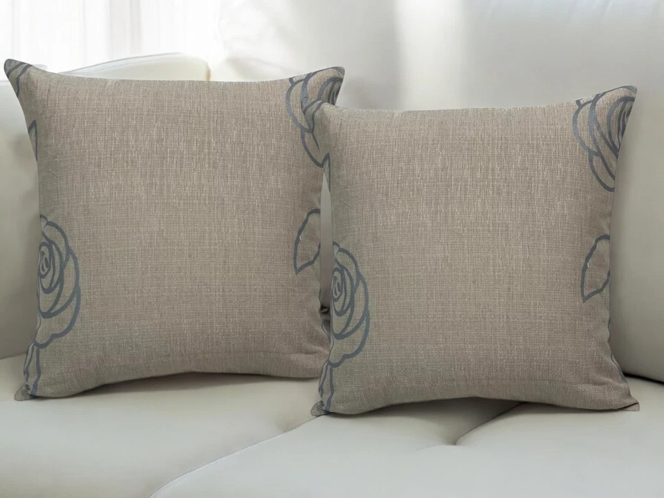 SET OF 4 JACQUARD CUSHION COVERS Floral Duck Egg Blue Beige Linen 18x18"/45x45cm - Image 3 of 4
