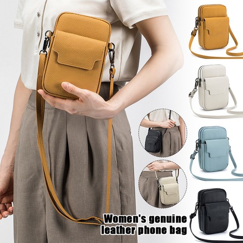 Double-Layer Zipper Phone Bag Genuine Leather Shoulder Bag Crossbody Bag Handbag - Picture 2 of 28