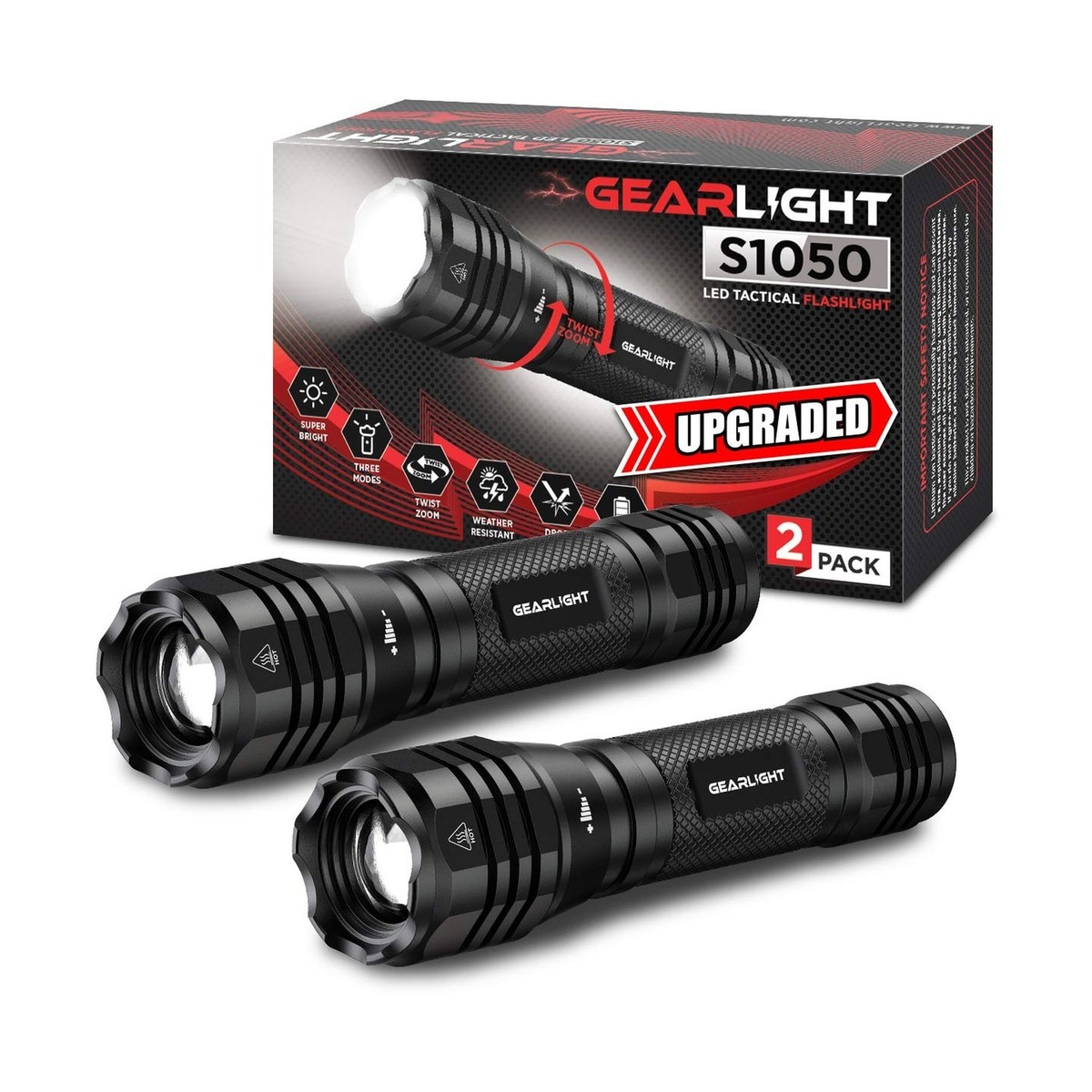 GearLight LED Flashlights S1050 [2 Pack] - Powerful High Lumens Zoomable Tactical Flashlight