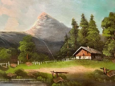 Oil painting alpine landscape with hut mountains pond trees in country style