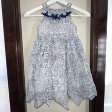Artisan NY blue & white print sun dress Girls Size 6 (Tassels, Handkerchief Hem)