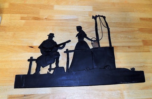 Man Serenades women at Well - Wrought Metal Art Cowboy Guitar Music Wall Decor - Picture 3 of 12