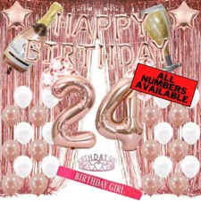 24th Birthday Rose Gold Decorations - 40" Number Balloons, Foil Curtains  More