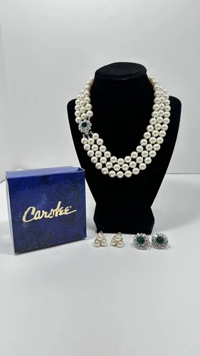 VTG Elegant CAROLEE Necklace & 2 x Earrings Faux Pearl Rhinestone