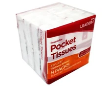 LEADER 2-Ply Facial Tissues Pocket Packs, Travel Size, Resealable 8 Packs of 15