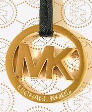 Michael Kors MK Logo Gold Charm / Black Saffiano Leather Strap Handbag Fob New