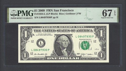 United States-Federal Reserve 1 Dollar 2009 Fr#1934-L (LP Block) UNC Grade 67