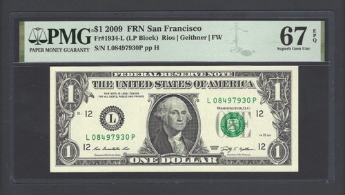 USA-Federal Reserve 1 Dollar 2009 Fr#1934-L (LP Block) UNC Klasse 67 - Bild 1 von 2