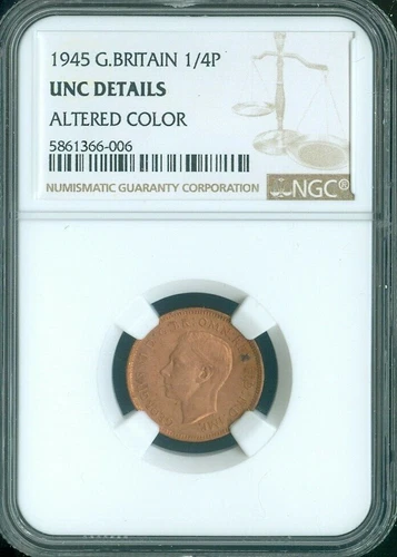 1944 Great Britain 1/4P Farthing NGC UNC Details Quality ✔️