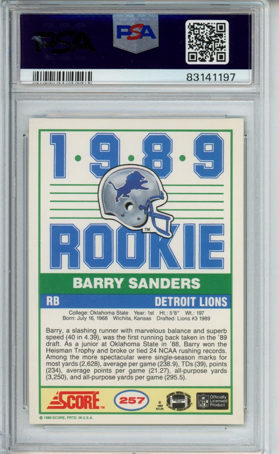 1989 Score 257 Barry Sanders PSA 10 Gem Mint Rookie Card Detroit Lions