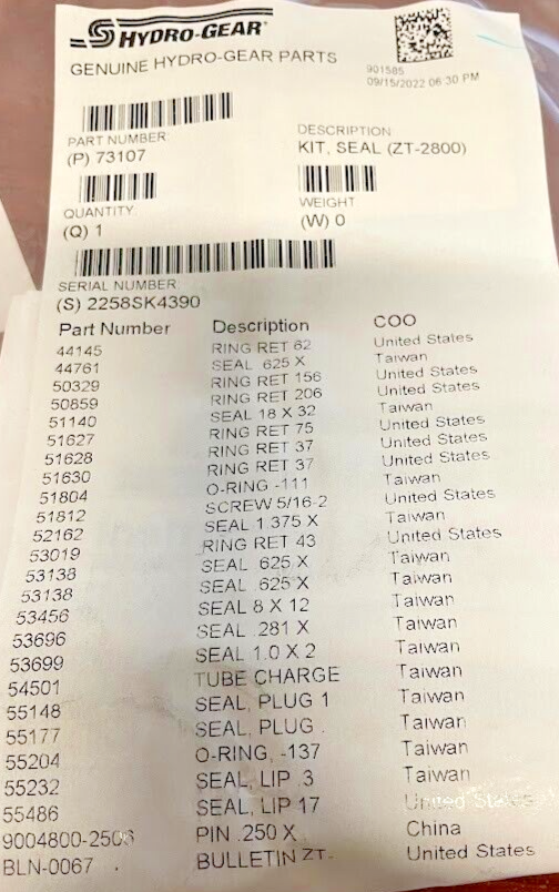 HydroGear 73107 Seal Kit for ZT2800 eBay