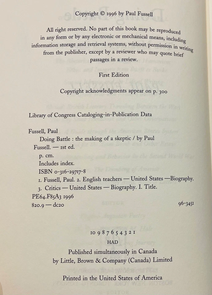 Doing Battle: The Making of a Skeptic (Memoir) - Paul Fussell, First Ed. NFine Foto 2 de 4