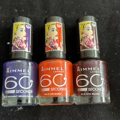 Rimmel 60 Seconds ONE COAT Nail Polish 313Rita Rouge,403Oragasm, 613Midnight A35