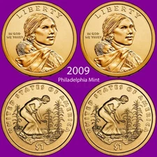 2009-P Native American Sacagawea, Qty 2 Dollar Coins from Mint Rolls
