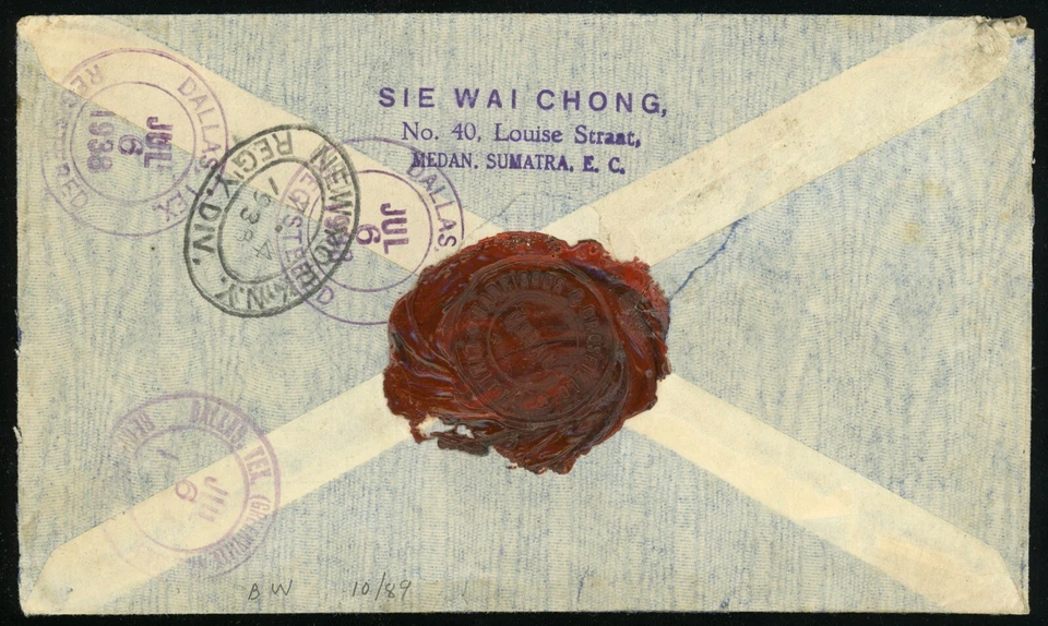 Indias Orientales Holandesas Medan a EE. UU. Correo Aéreo Cubierta Registrada 1938 Amsterdam Nueva York Foto 2 de 3